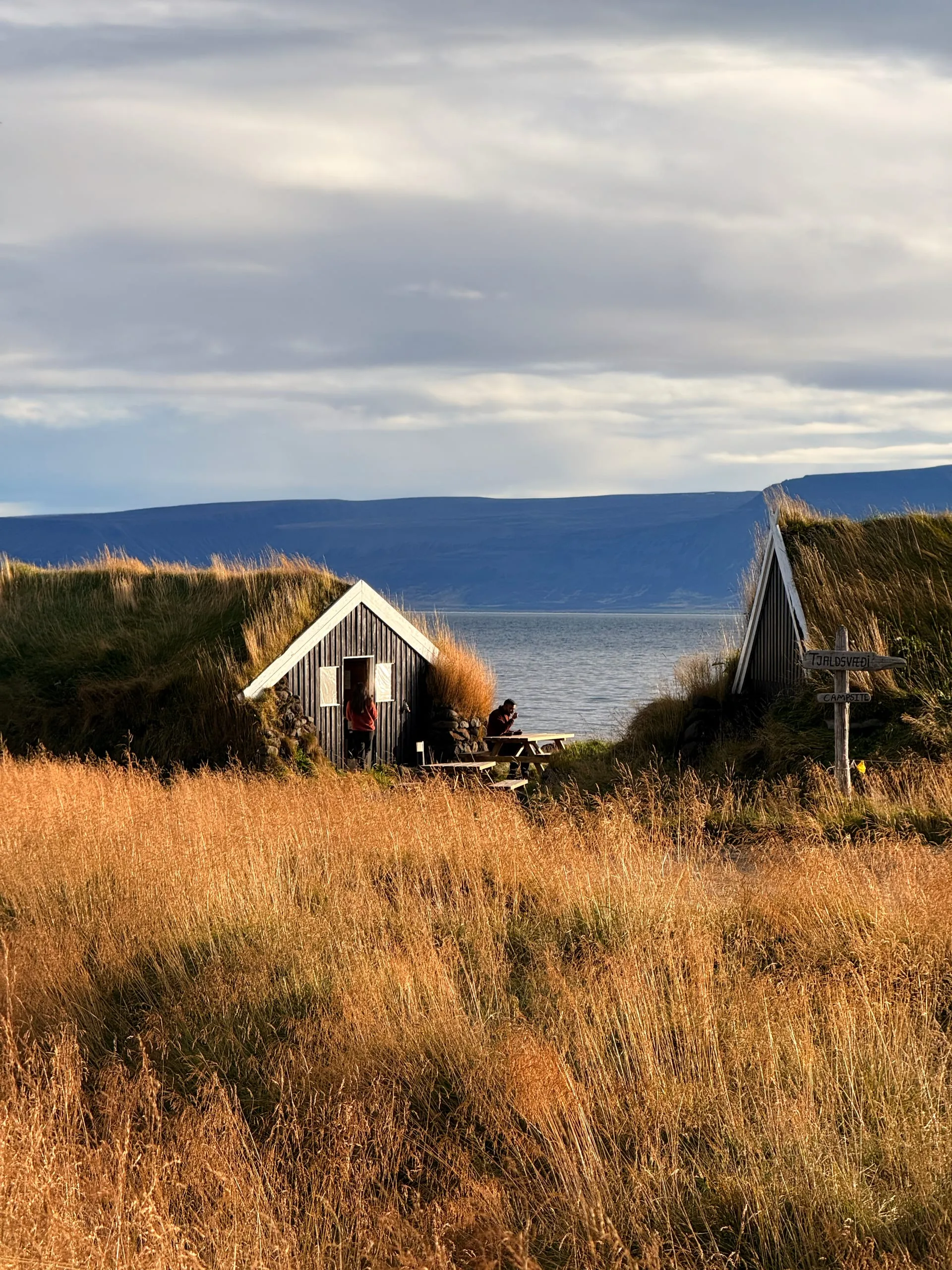Camp on the far shore of Skagafjörður — turf roofs, drying grass and the fjord, at half past seven in the morning