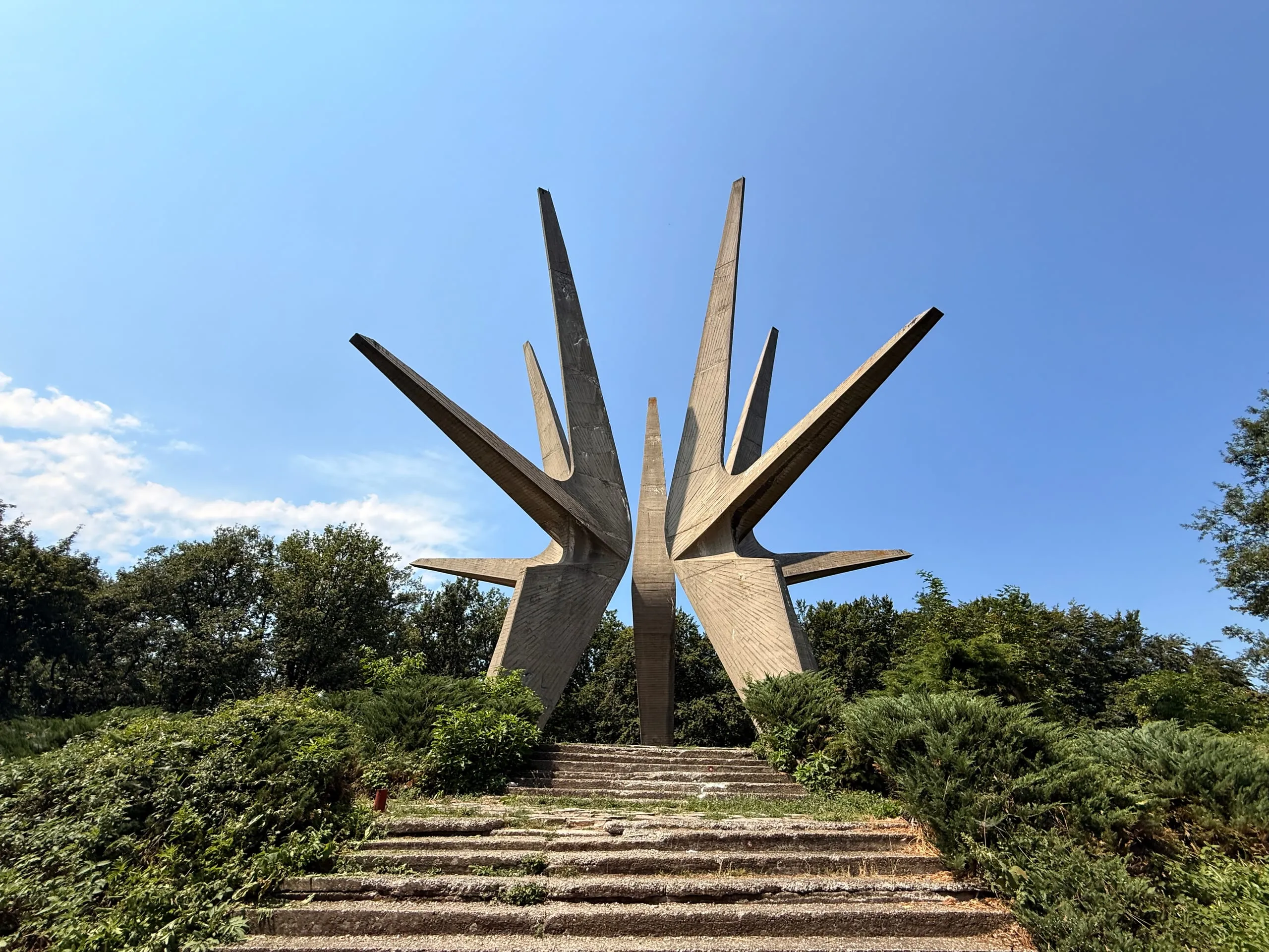 The five concrete wings of the Kosmaj monument rising above a flight of overgrown steps
