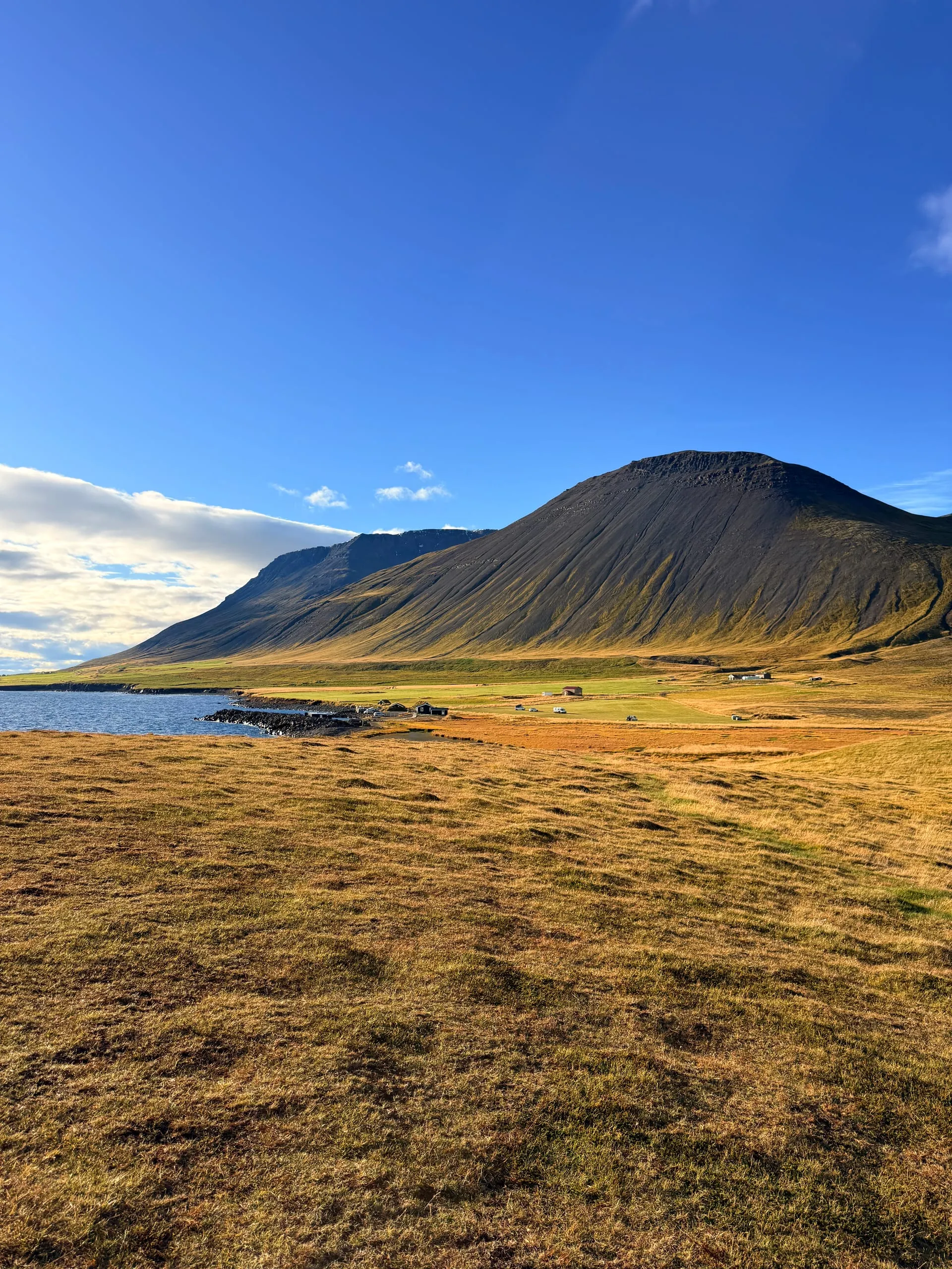 The same morning, the other way. The whole fjord side going gold before the sun got over the ridge